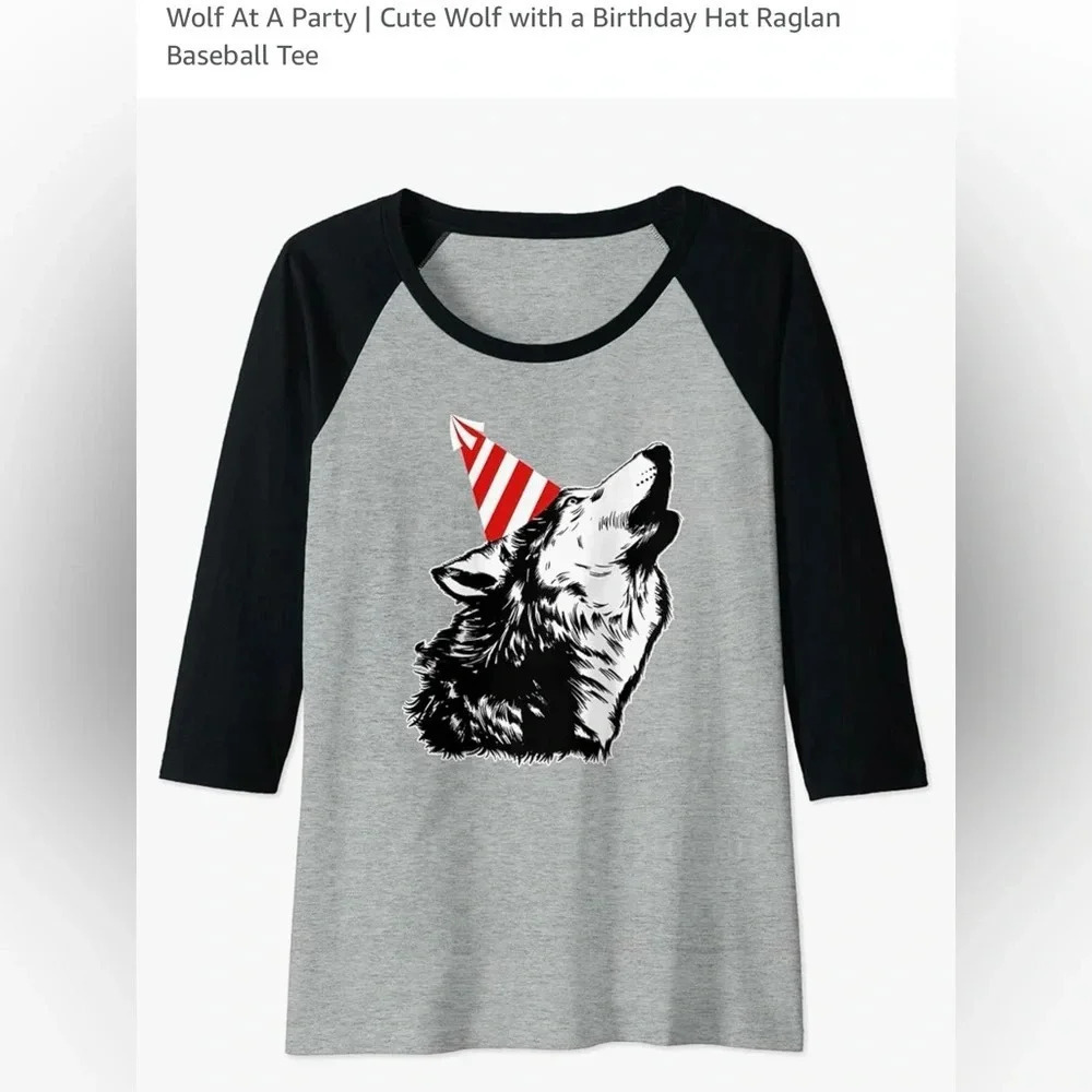 Wolf party hat raglan baseball tee small 3/4 sleeve black gray birthday top